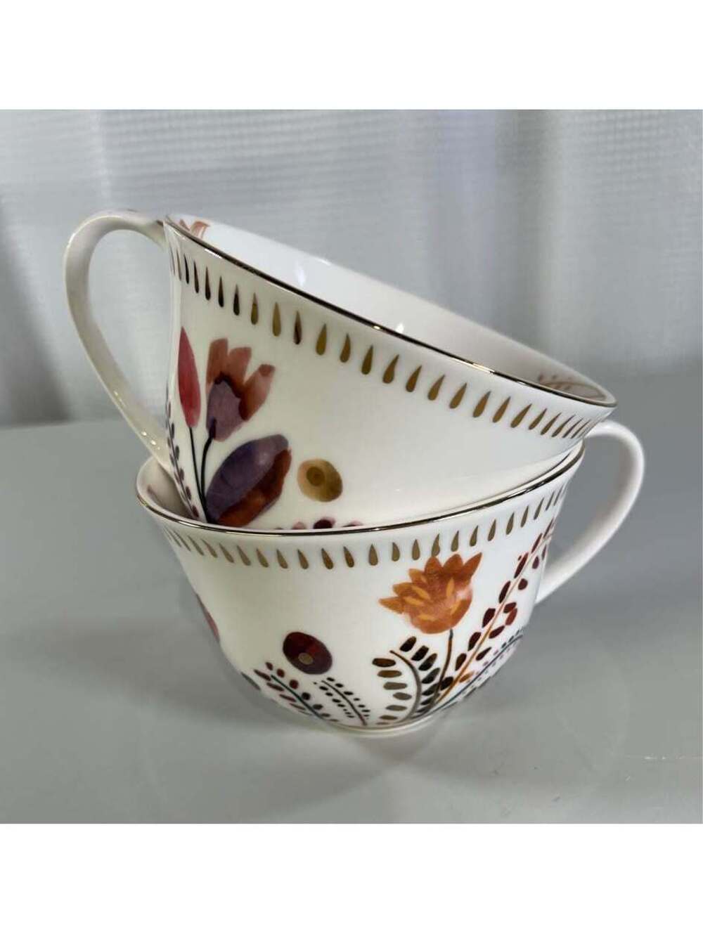 Anthropologie Harvest Foliage Set of 2 Floral Ceramic Latte Cups